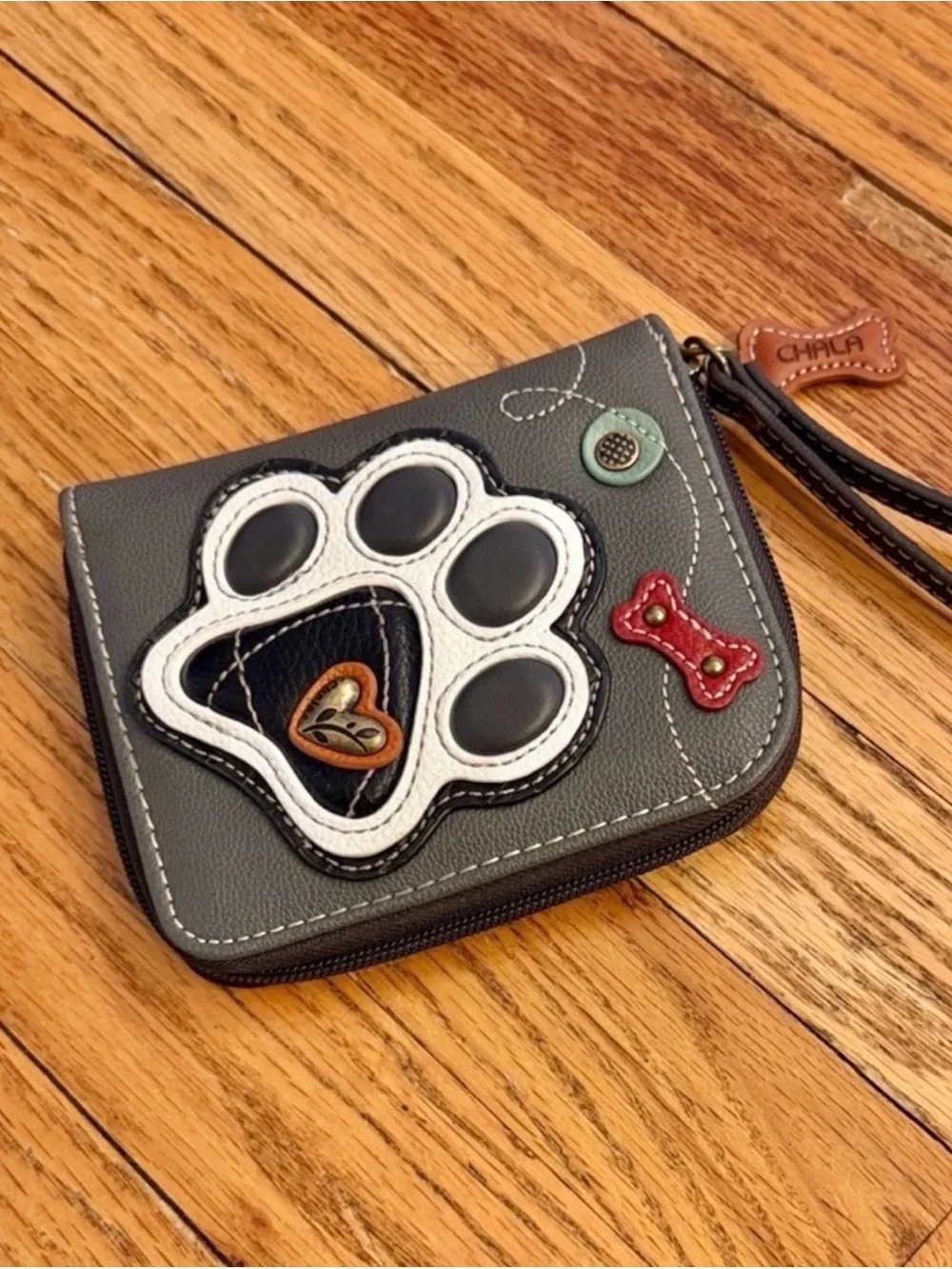 Chala Gray Paw Print Wristlet Coin Purse with Colorful Appliqués